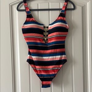 Michael Kors Coral, Navy & Light Blue Striped One-Piece Swimsuit